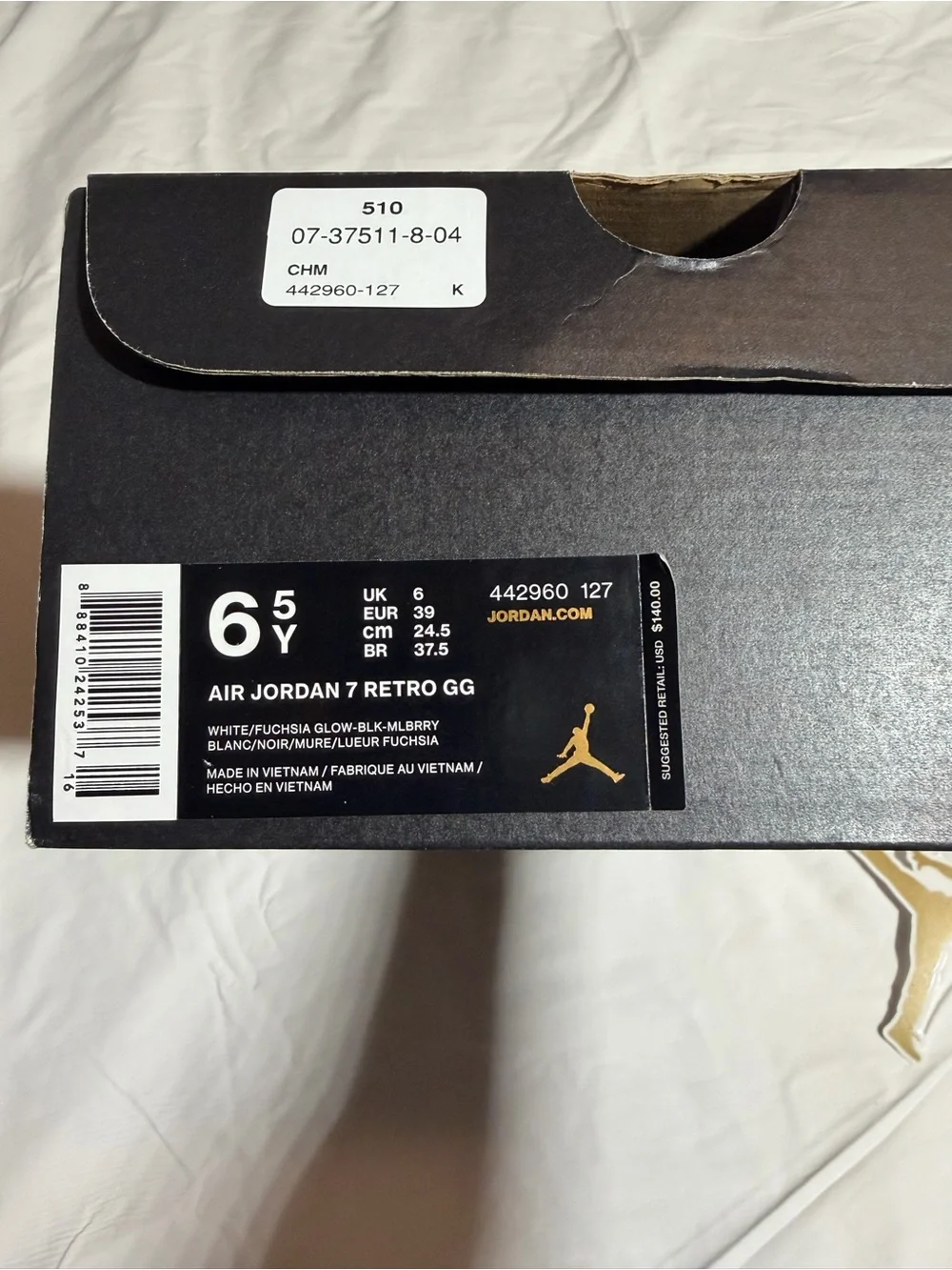 Air Jordan 7 Retro GG size 6.5 White/Fuchsia Glow